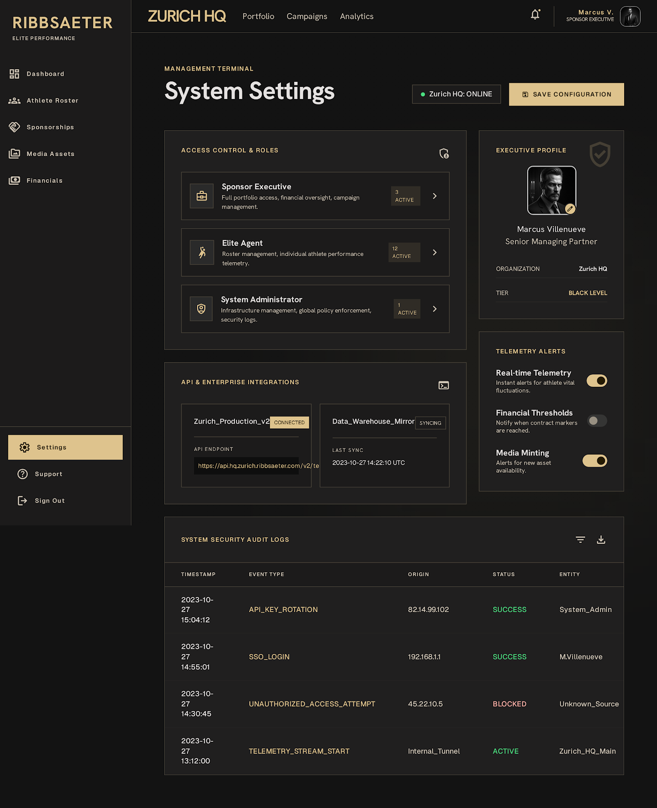 Athlete Agencies Sponsor Hub System Settings screenshot
