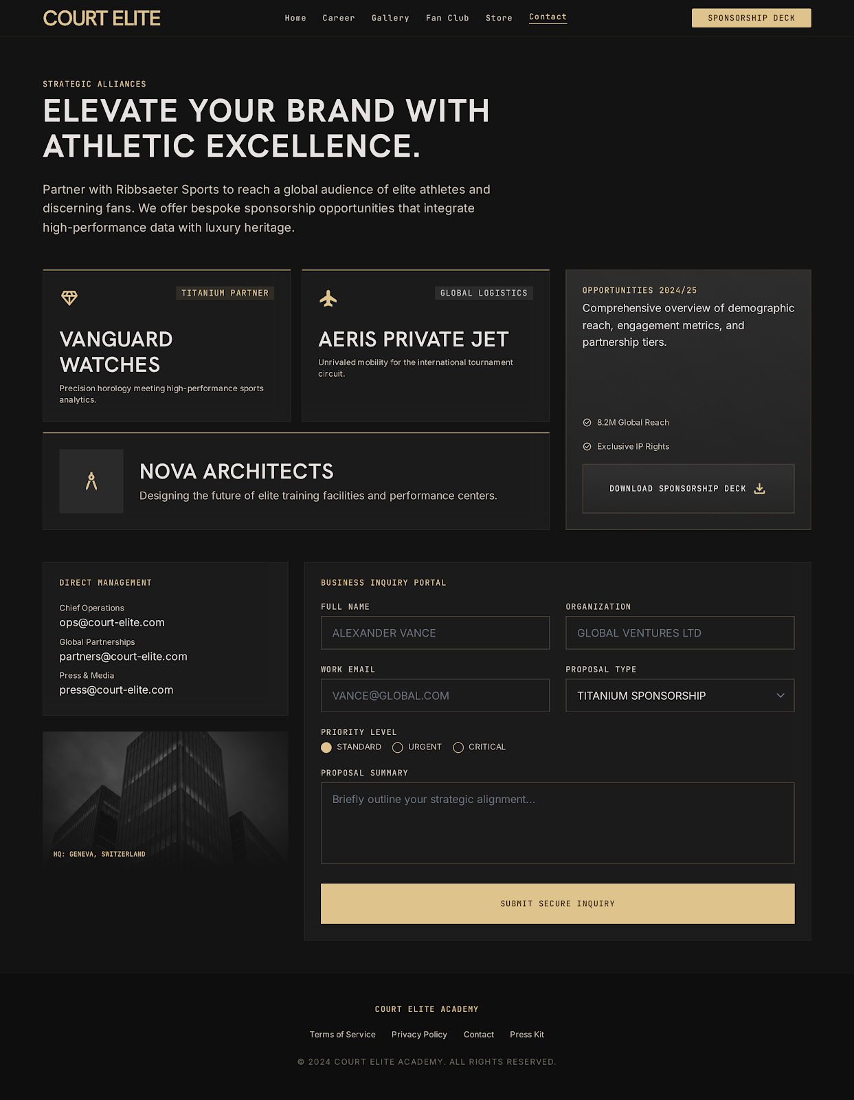 Tennis Athlete Platform Business Contact screenshot